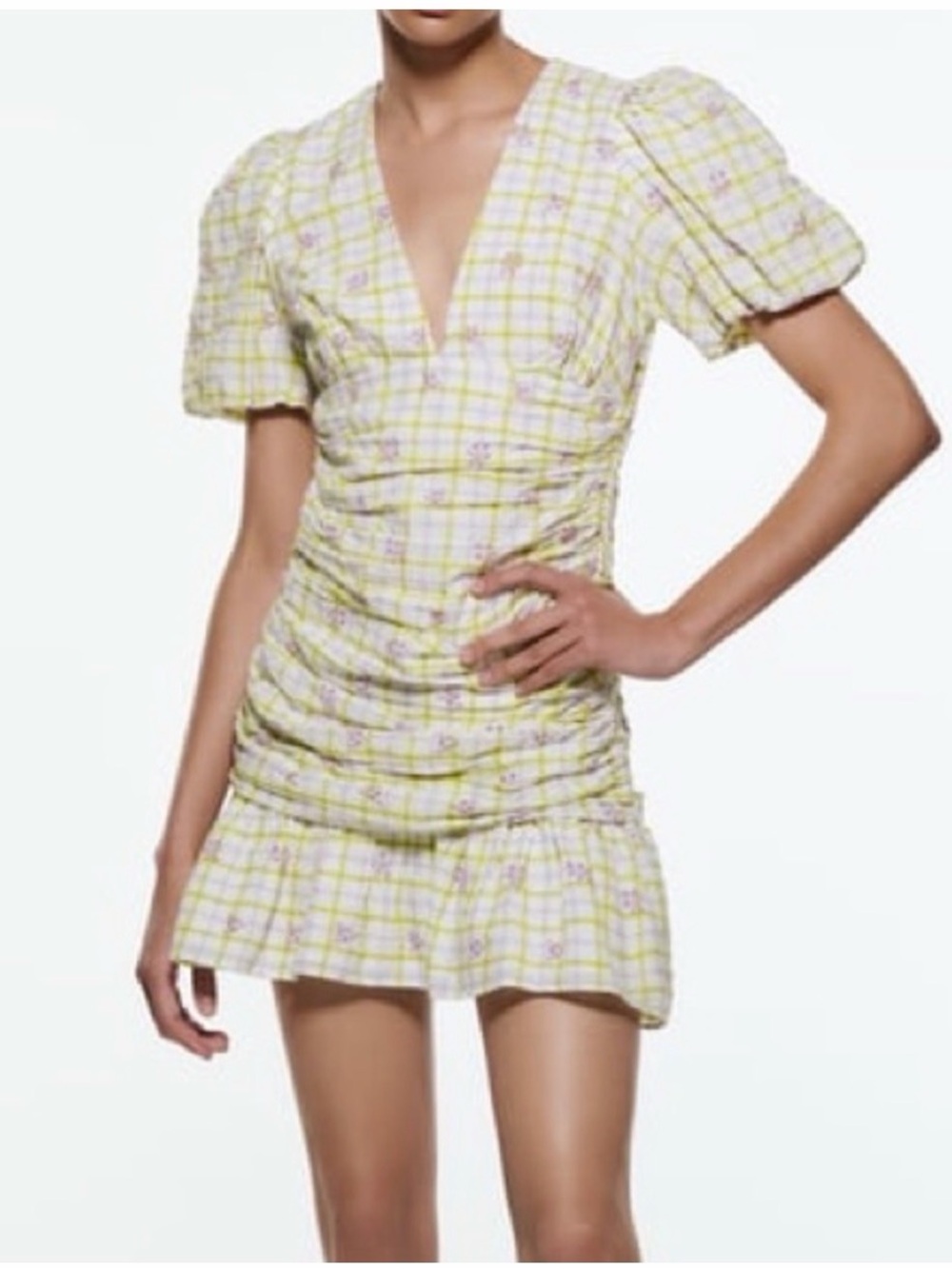 Zara Yellow Plaid Ruched Mini Dress with Puff Sleeves size Small - like new